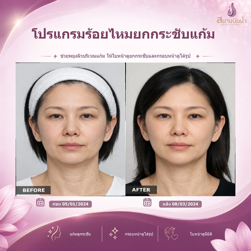 ภาพก่อน–หลัง ร้อยไหมแก้ม กรณีเฉพาะบุคคล